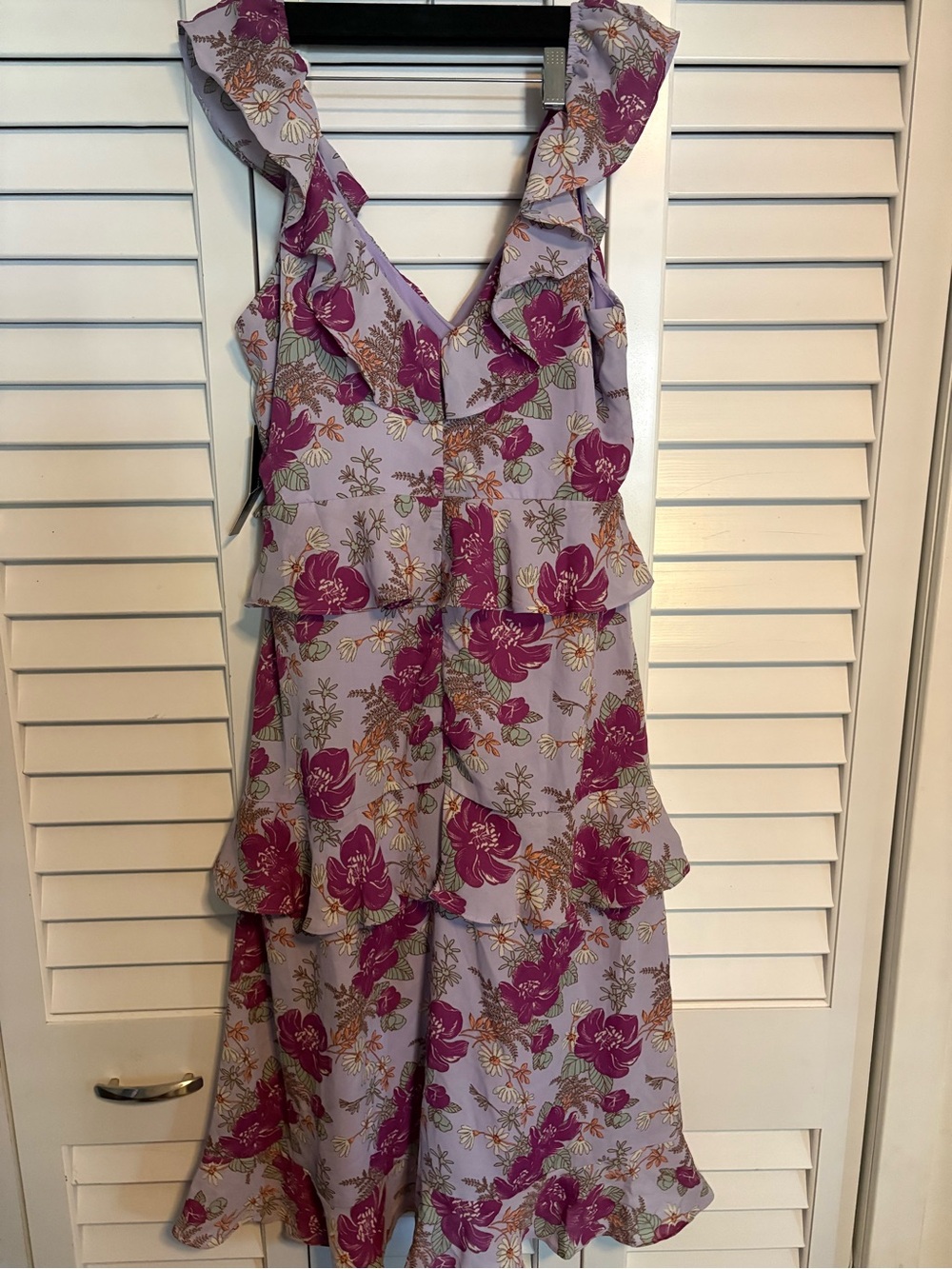 Lulus Floral Ruffle Tiered Midi Dress in Lavender and Magenta